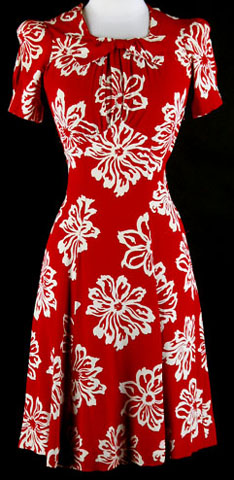 40s Red Rayon Puffy Sleeve Floral Swing Dress