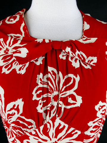 40s Red Rayon Puffy Sleeve Floral Swing Dress